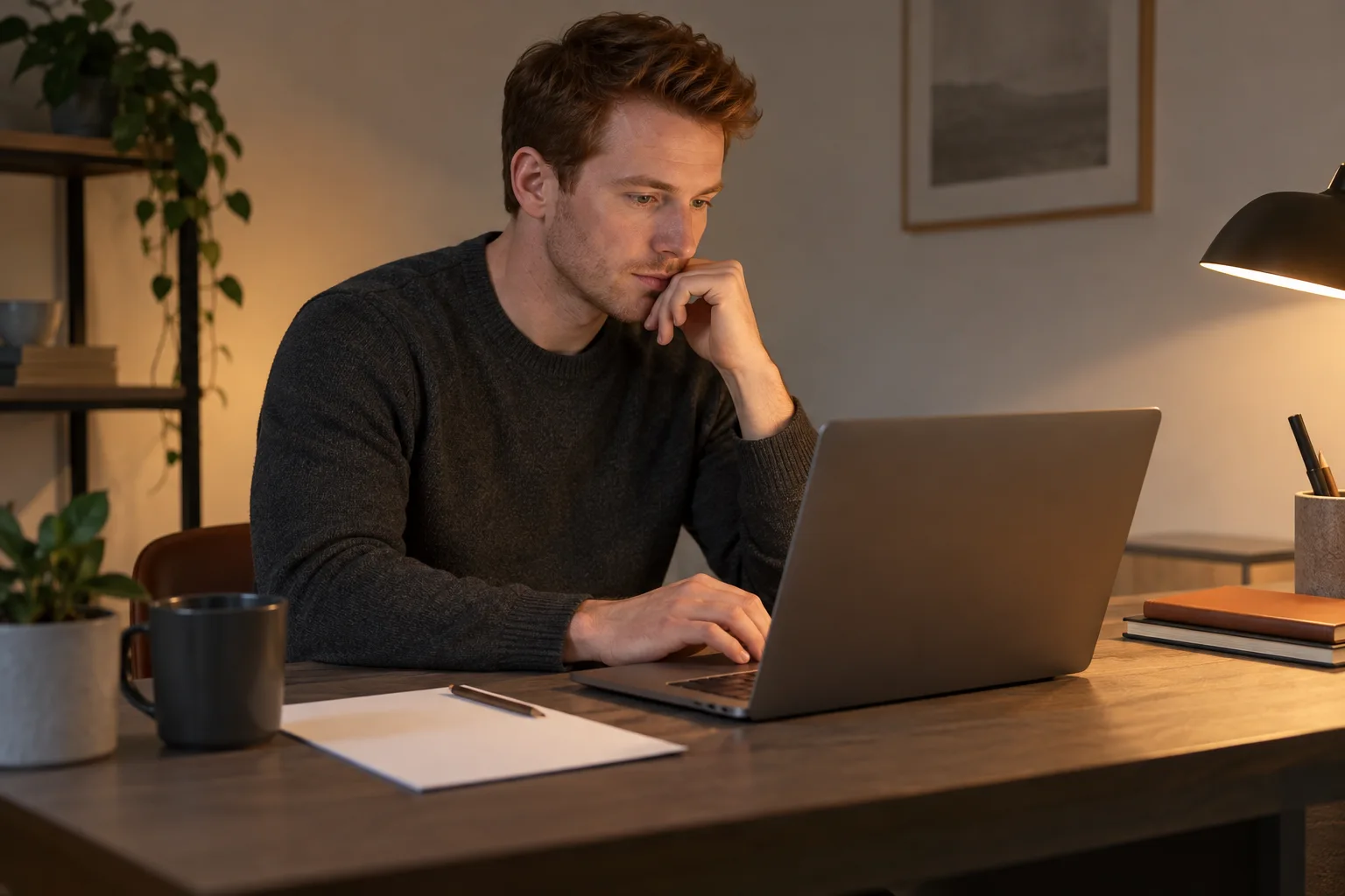 Ein erwachsener Mann prüft eine Bewerbung am Laptop, dessen Bildschirm von der Kamera abgewandt ist.