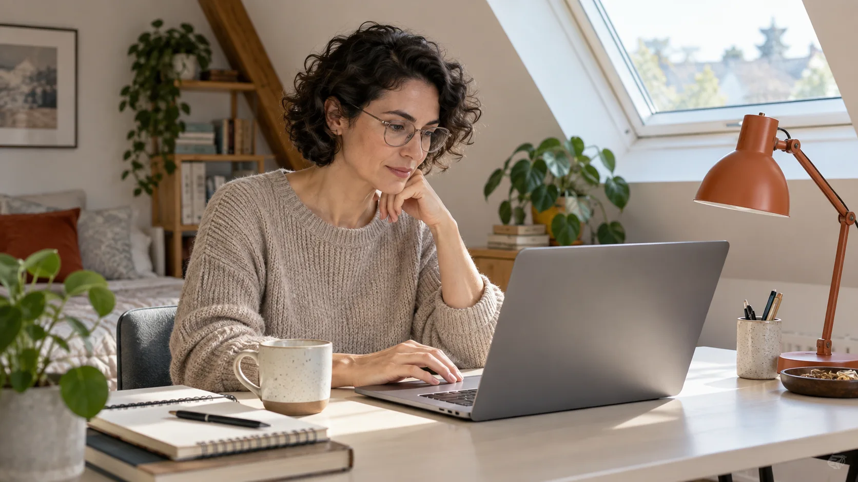 Eine erwachsene Bewerberin mit Brille prüft am Laptop ihre Nachricht an einem hellen Schreibtisch.