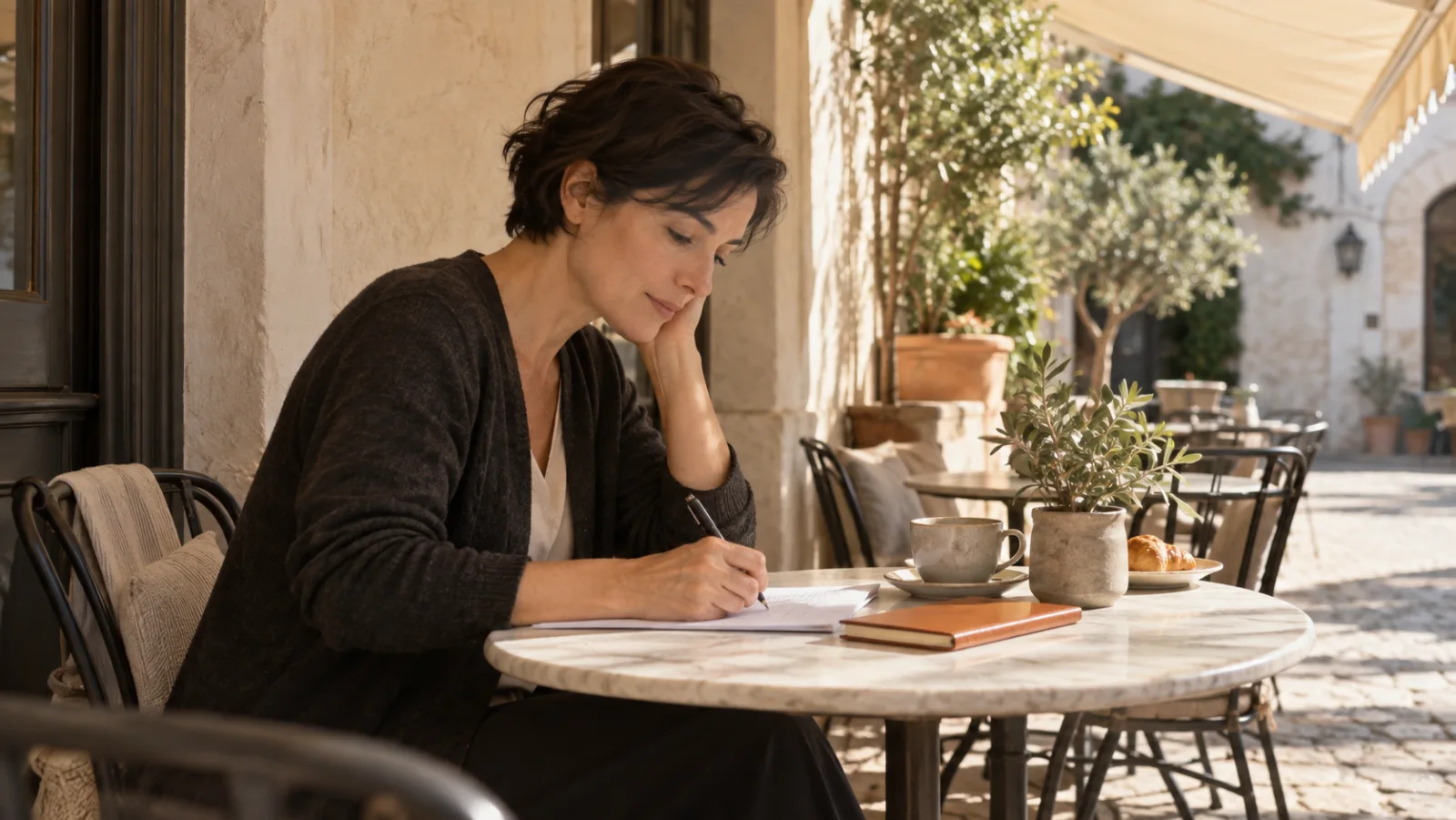 Eine erwachsene Frau schreibt unter einer Markise an einem ruhigen Cafétisch auf Papier.