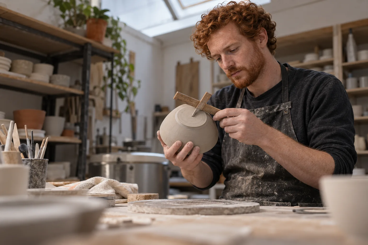 Ein erwachsener Mann mit lockigem Haar prüft in einer Keramikwerkstatt eine Tonschale.