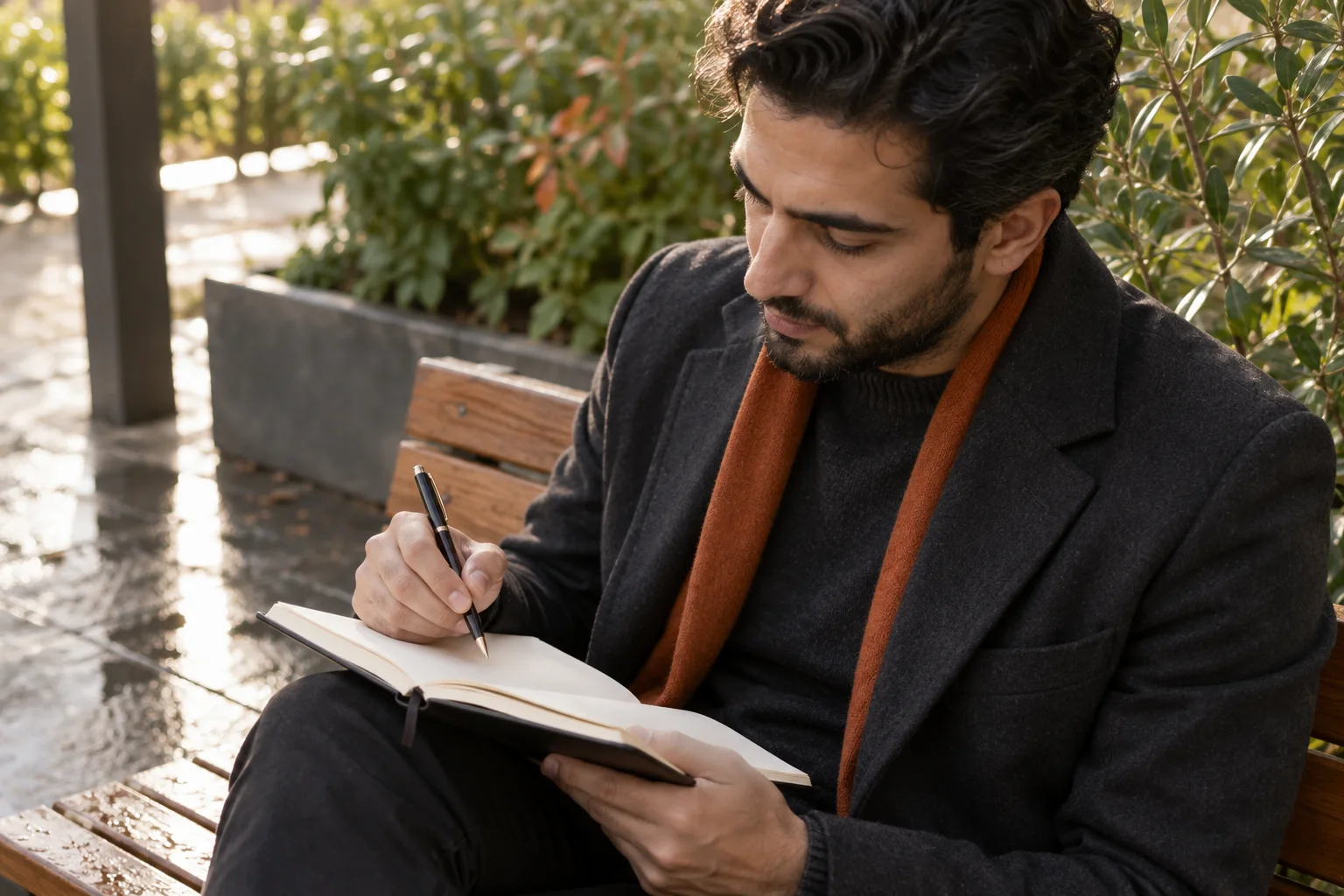 Ein erwachsener Mann sitzt mit geöffnetem Notizbuch und Stift auf einer Bank im Freien.