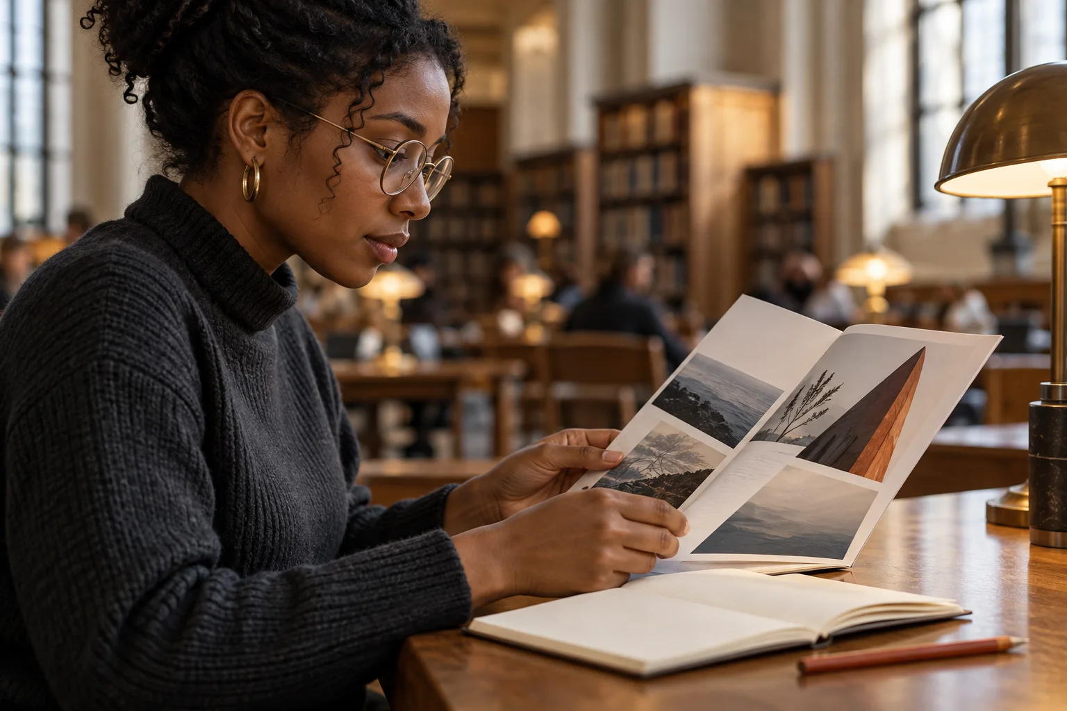 Eine erwachsene Frau mit Brille betrachtet an einem Bibliothekstisch eine Broschüre neben einem Notizbuch.