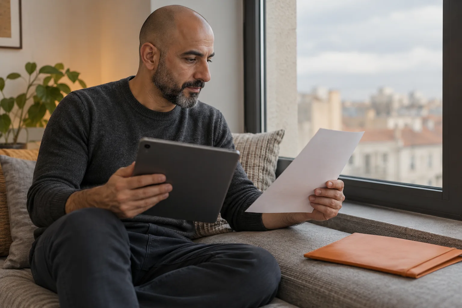 Ein erwachsener Mann vergleicht ein Blatt mit einem Tablet auf einer Sitzbank am Fenster.