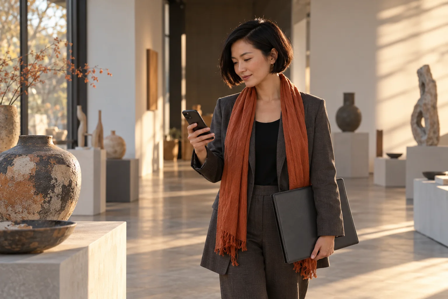 Eine erwachsene Frau betrachtet ihr Telefon und hält eine geschlossene Portfoliomappe in einer Galerie.