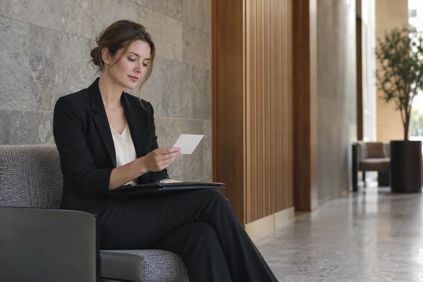 A candidate pauses with a cue card before an interview.