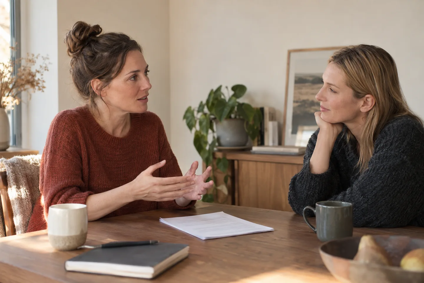 Two adults practise a concise explanation for a career break at a table.