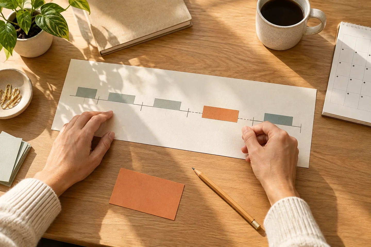 Hands arrange a paper career timeline with a calendar and note cards.