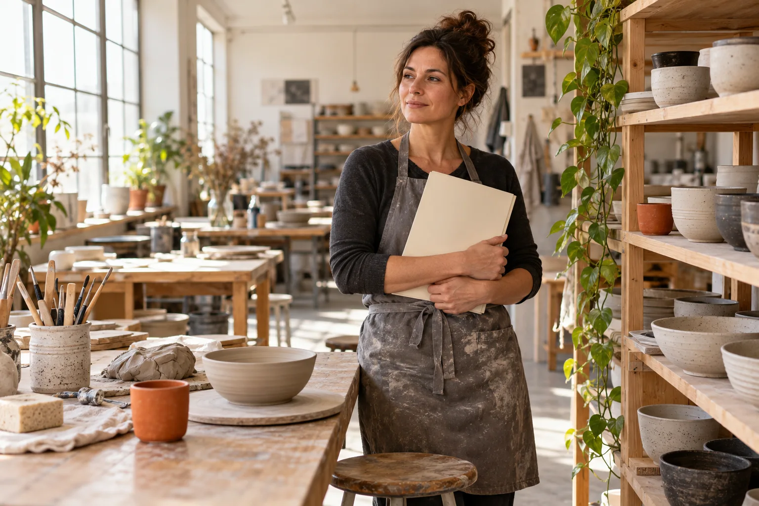 Eine erwachsene Frau mit einer geschlossenen Mappe steht neben handgefertigten Schalen in einer Keramikwerkstatt.