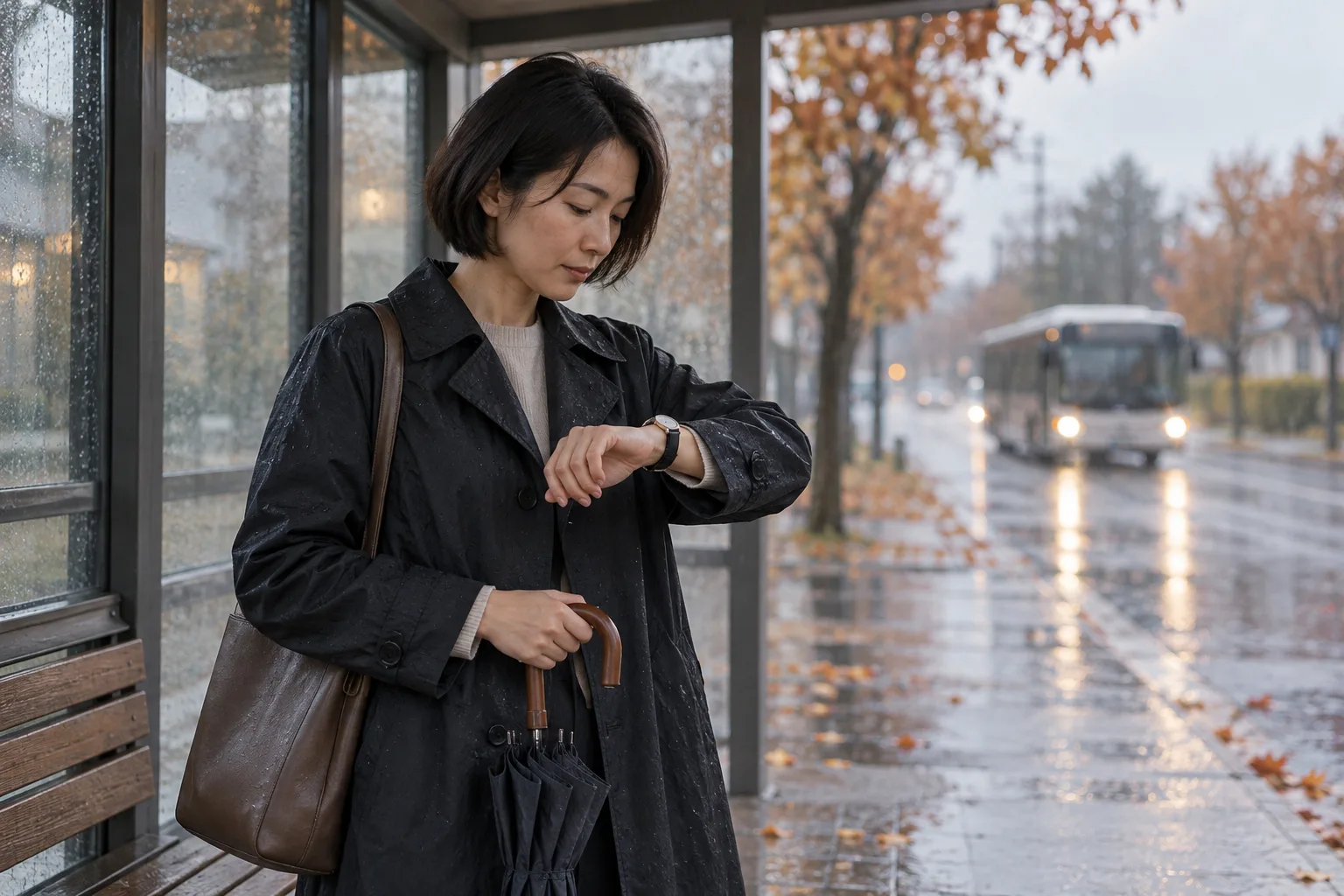 Eine erwachsene Frau betrachtet unter einem regennassen Wartehäuschen ihre Armbanduhr.