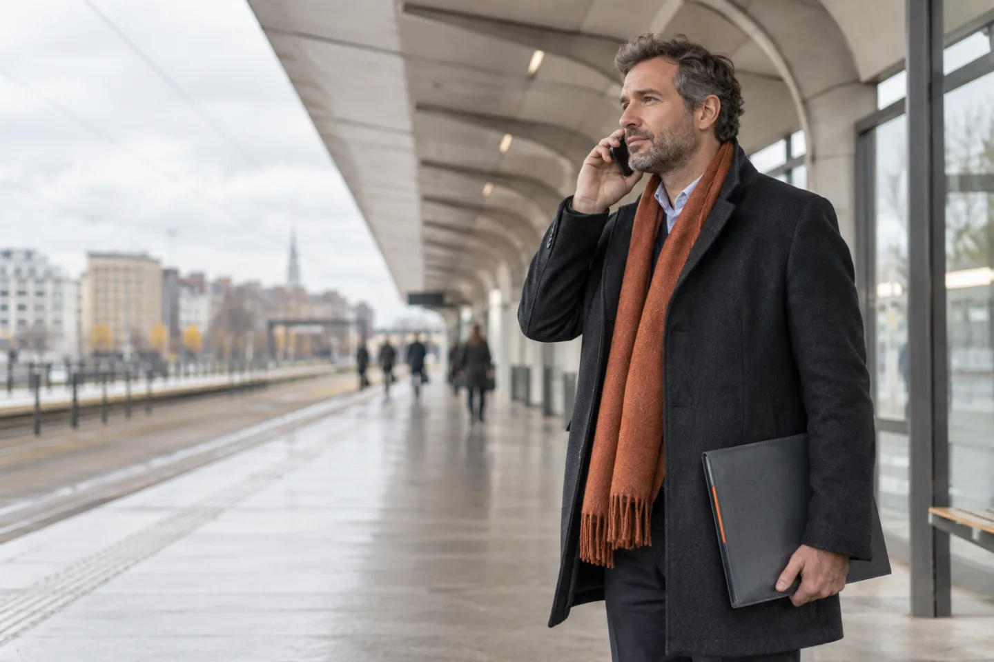 Ein Bewerber führt an einer ruhigen Haltestelle ein sachliches Telefonat zur Rückmeldung.