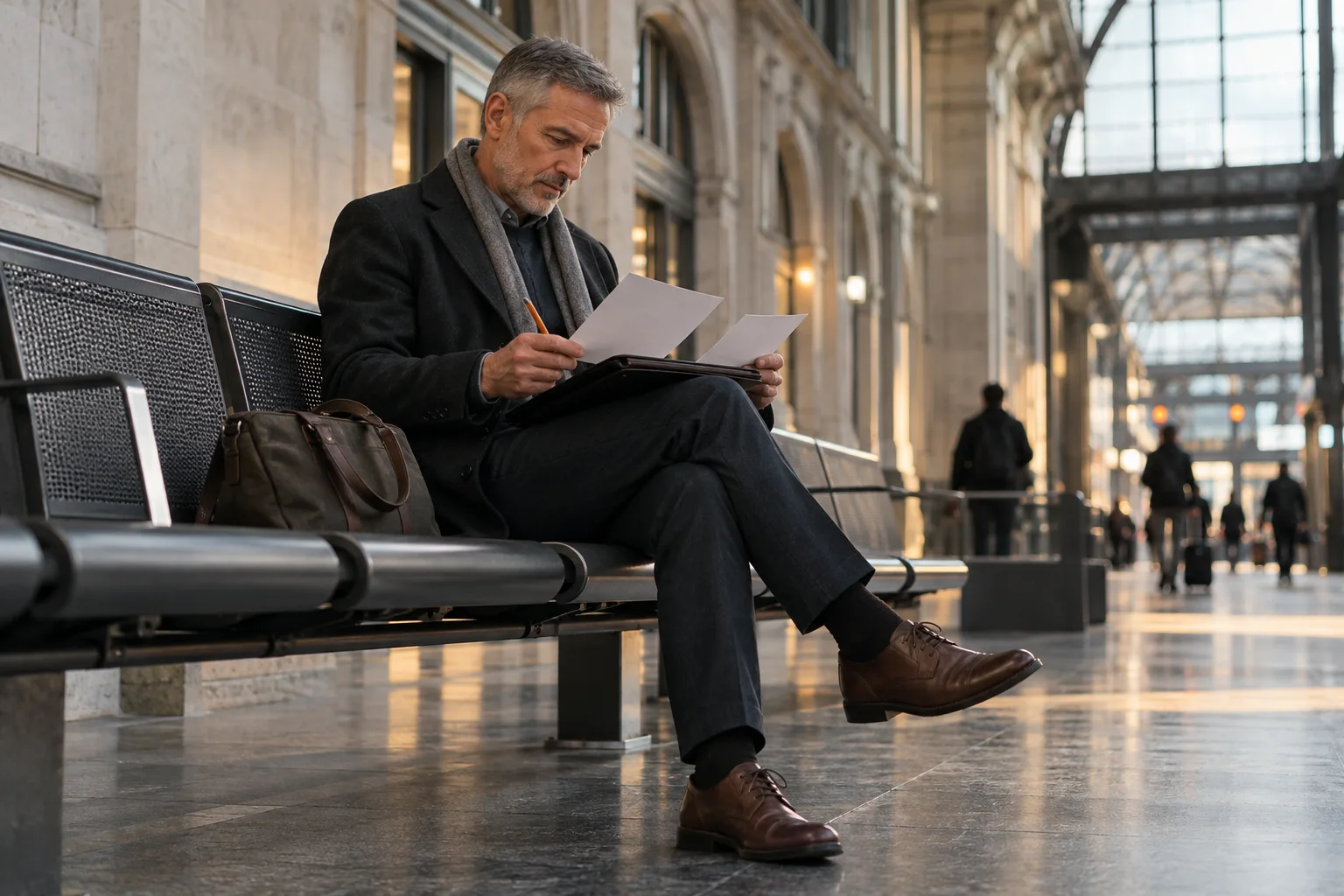 Ein erwachsener Mann mit grauem Haar prüft auf einer Bank im Bahnhofsgebäude zwei Blätter in einer Mappe.