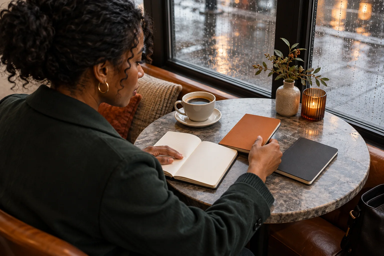 Eine erwachsene Frau wählt am Fenster eines Cafés zwischen drei kleinen Notizbüchern.