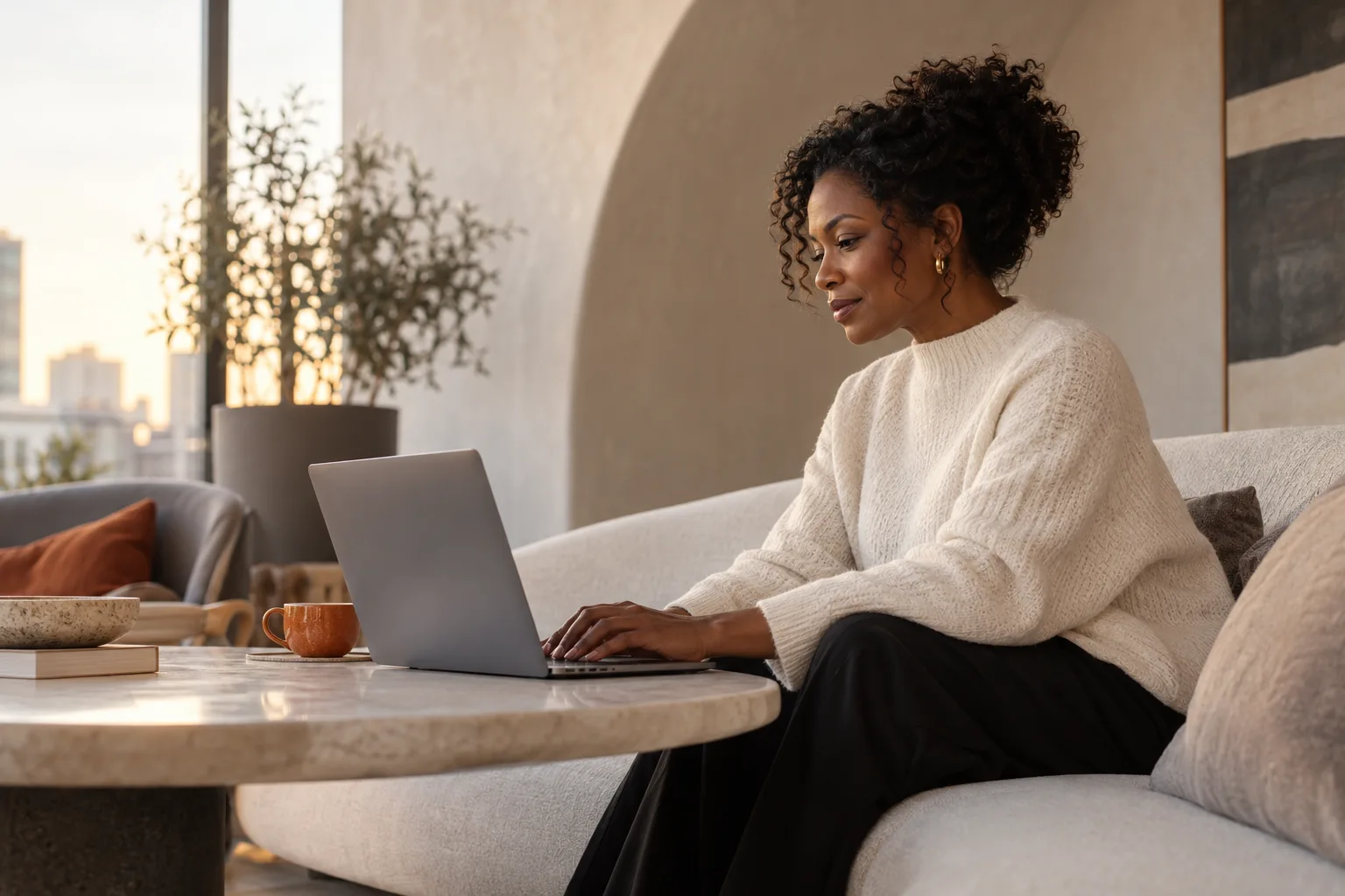 Eine erwachsene Frau sitzt mit einem Laptop an einem niedrigen Tisch in einer ruhigen Lounge.