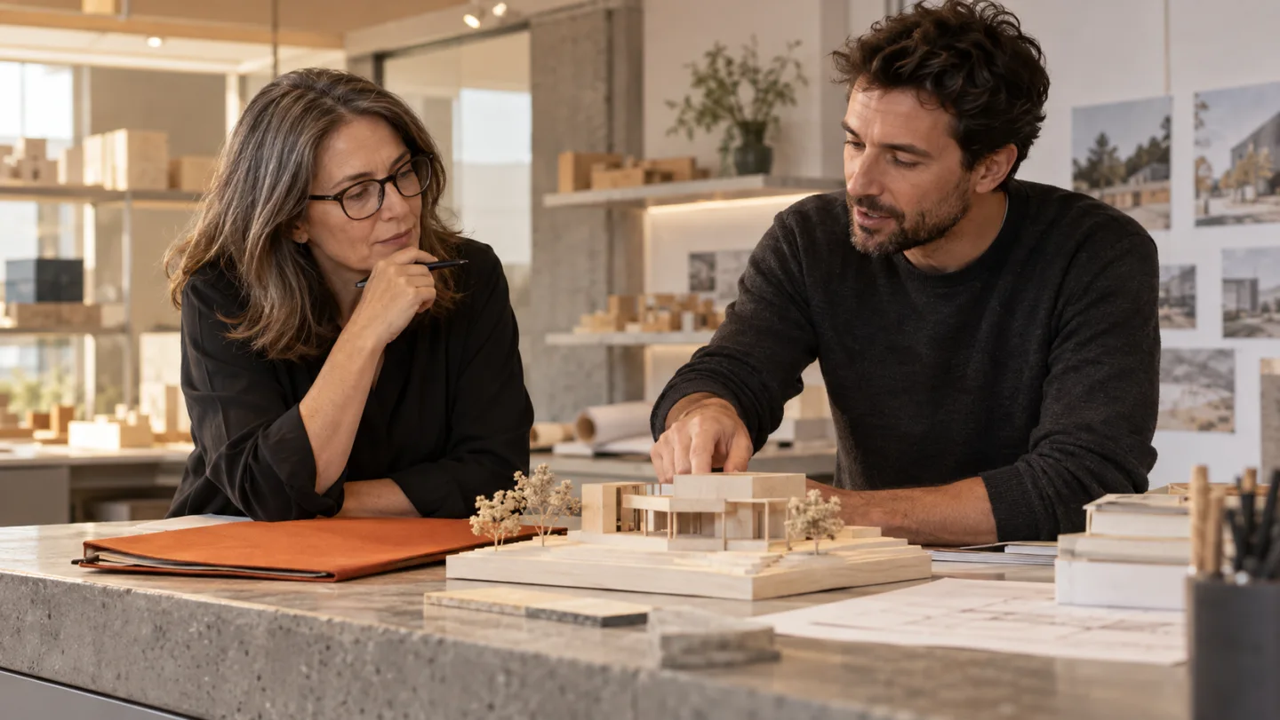 Zwei erwachsene Kollegen besprechen an einer Arbeitsfläche ein schlichtes Architekturmodell.