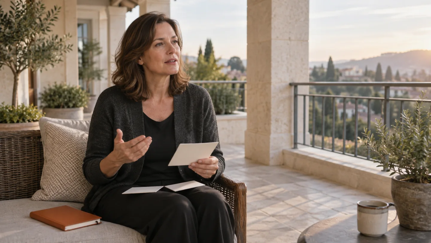 Eine erwachsene Frau übt auf einer überdachten Terrasse mit wenigen Notizkarten eine Antwort.