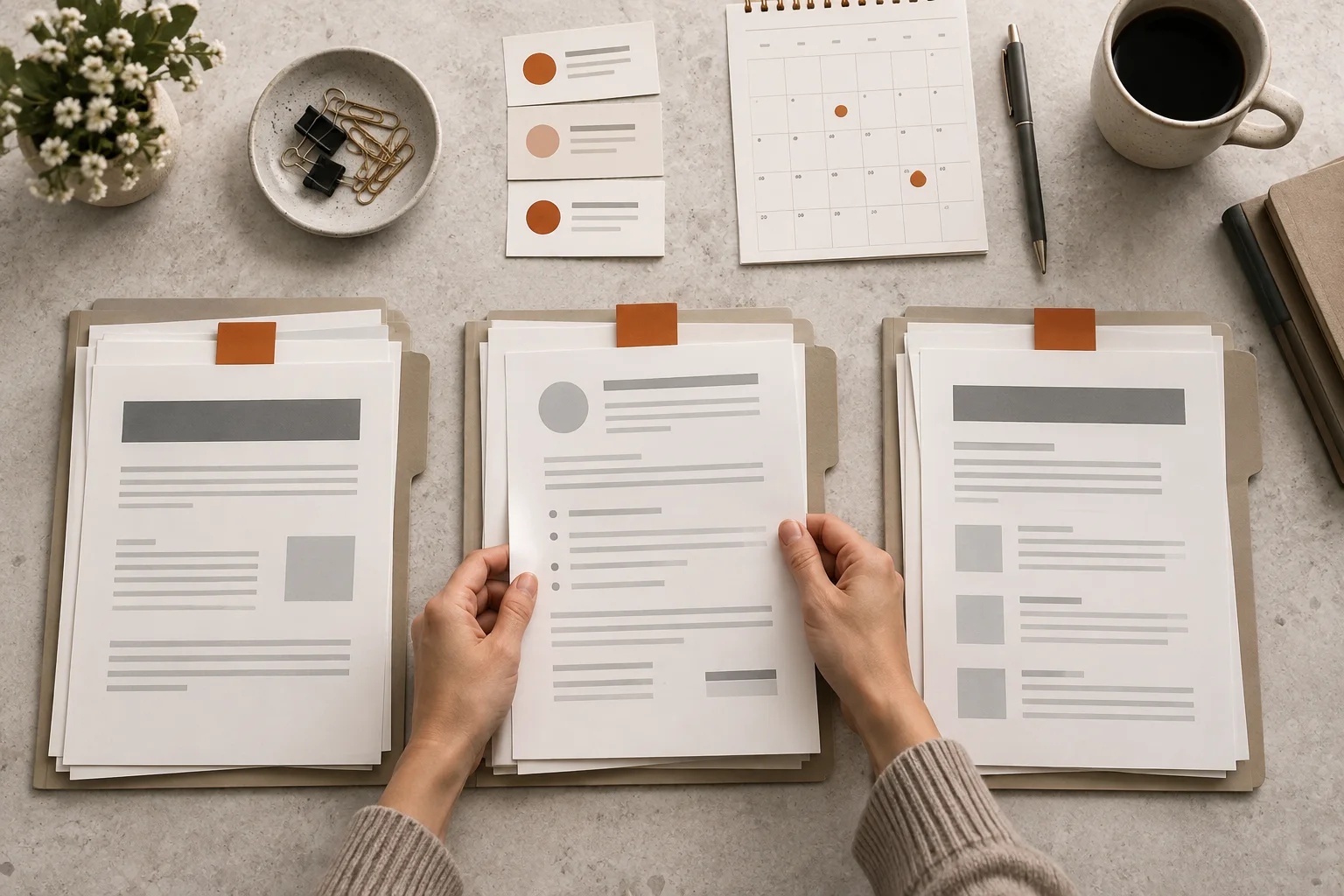 Hände ordnen drei Bewerbungen mit Kalender und getrennten Unterlagen.