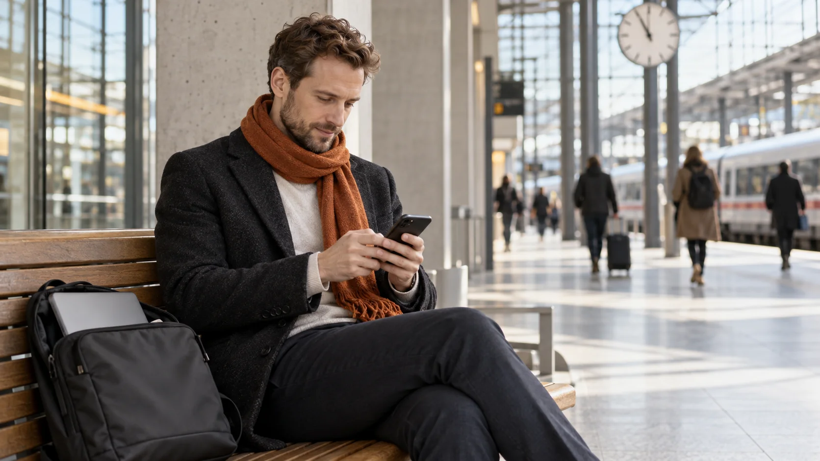 Ein Bewerber schreibt in einer Bahnhofshalle Lebenslaufnotizen auf seinem Smartphone.