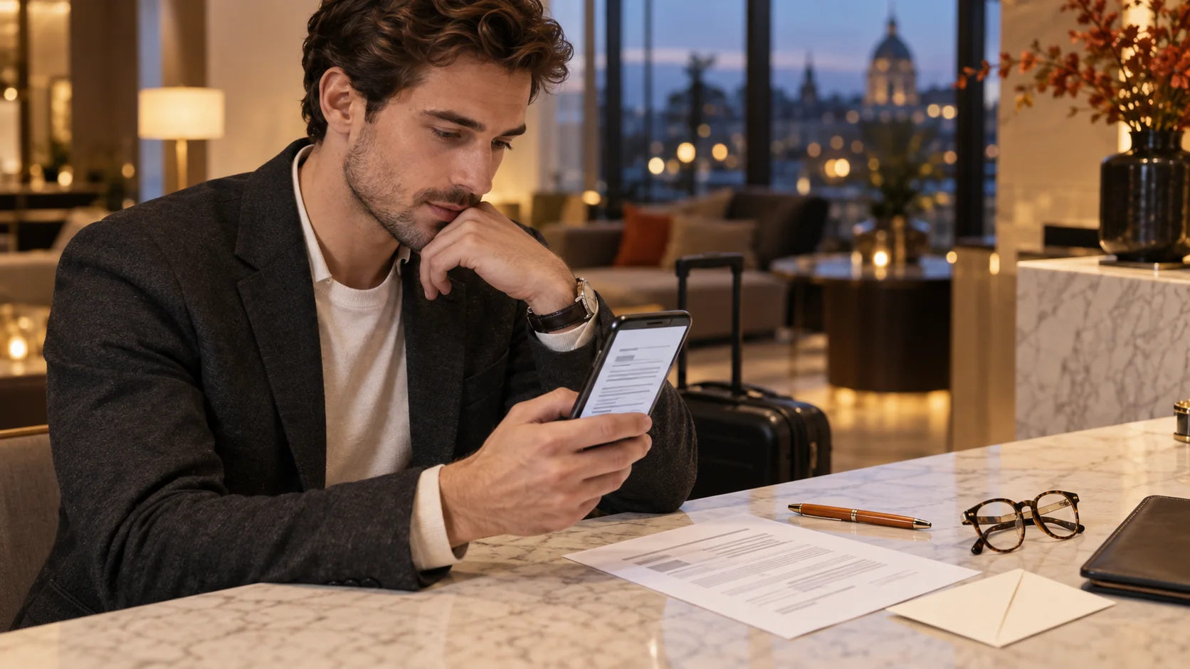 Ein Bewerber prüft vor dem Versand eine PDF Datei auf seinem Smartphone.