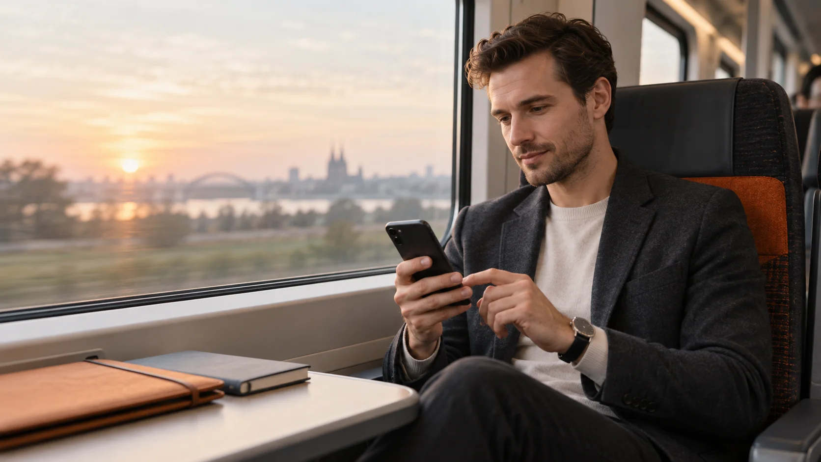 Ein Bewerber erstellt während einer Zugfahrt konzentriert seinen Lebenslauf auf dem Smartphone.