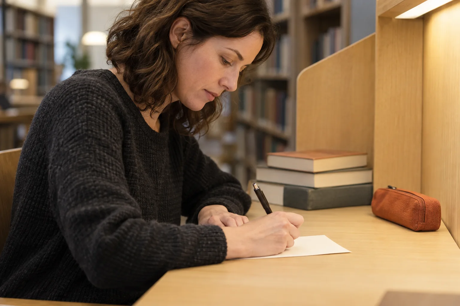 Eine erwachsene Frau bereitet eine kurze Notiz auf einem unbeschrifteten Blatt in einer Bibliothek vor.