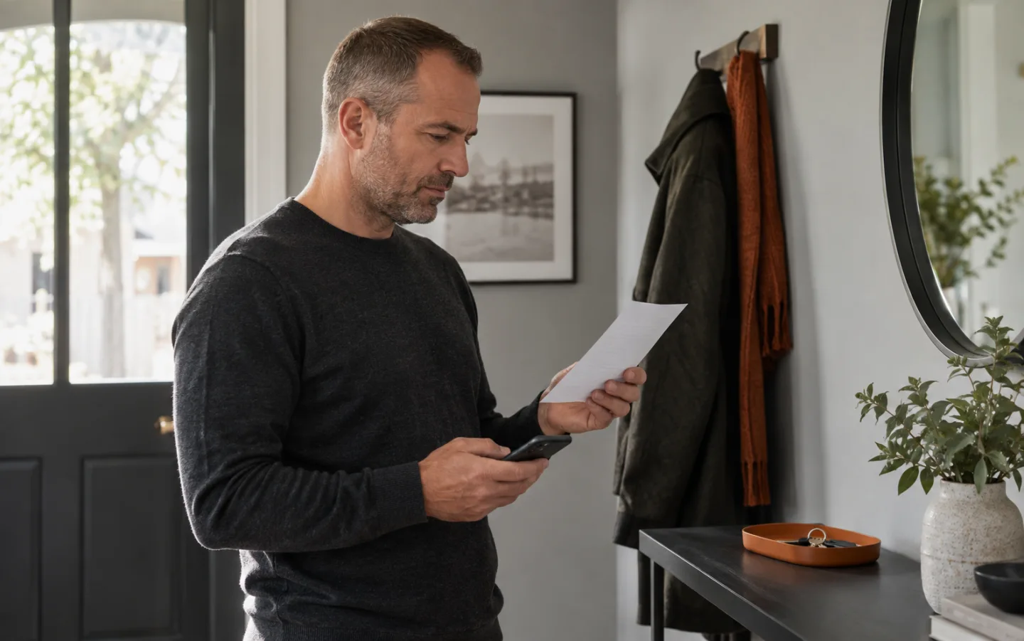Ein erwachsener Mann vergleicht im Eingangsbereich seiner Wohnung ein Papier mit seinem Smartphone.