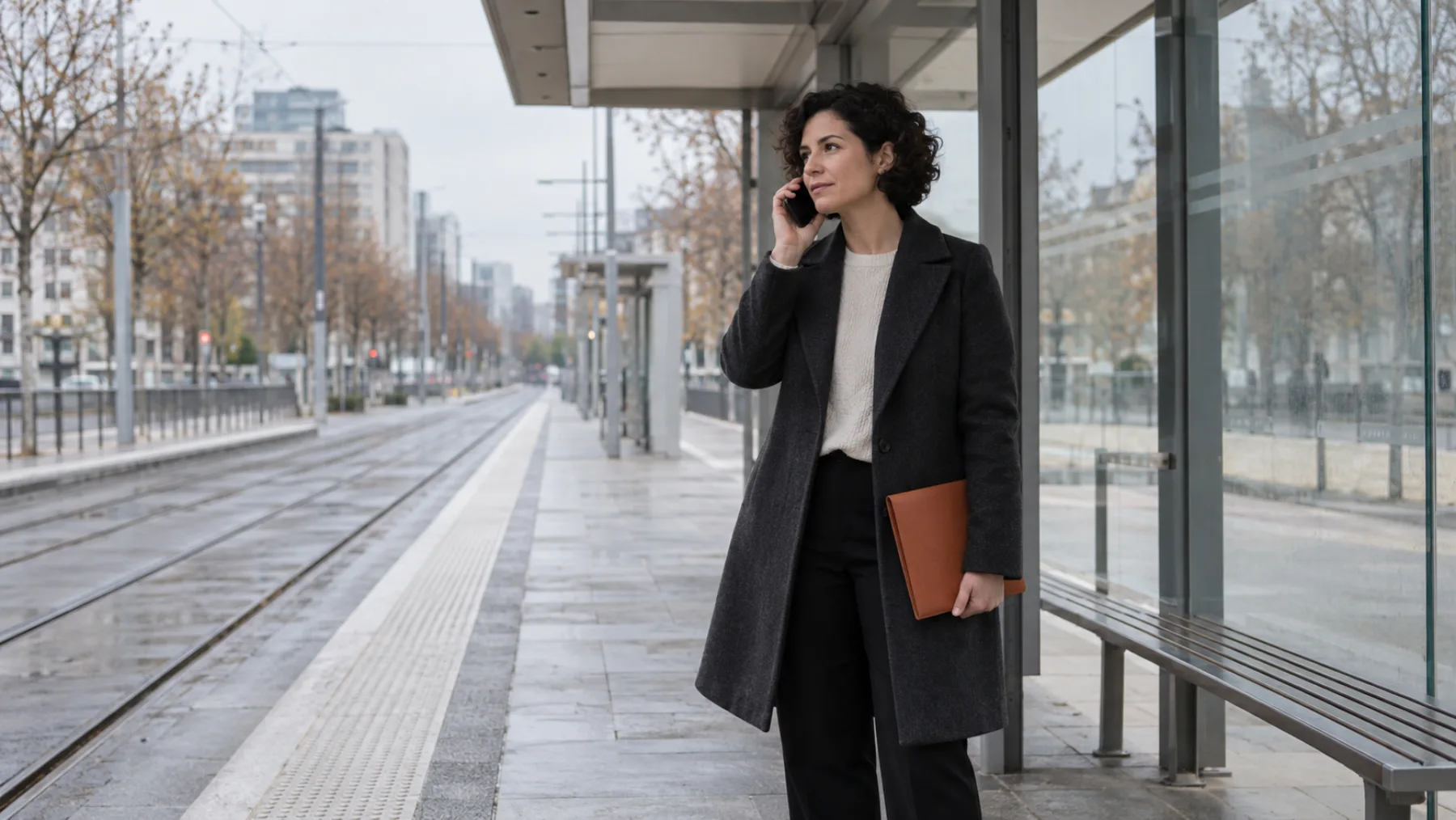 Eine erwachsene Frau telefoniert unter dem Dach einer ruhigen Straßenbahnhaltestelle und hält eine orange Mappe.