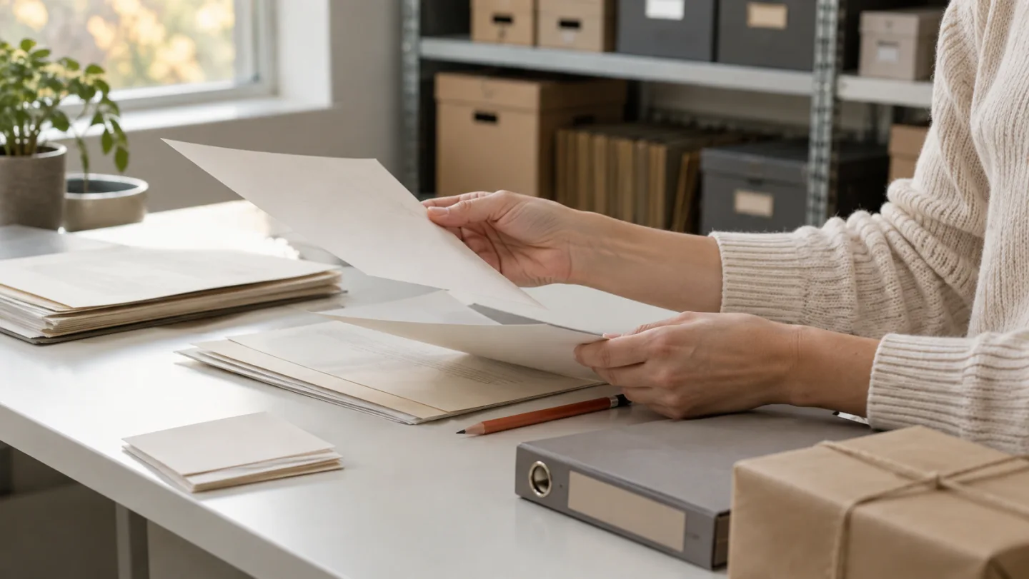 Hände vergleichen zwei Papierunterlagen neben einer Mappe und einem unbeschrifteten Paket.