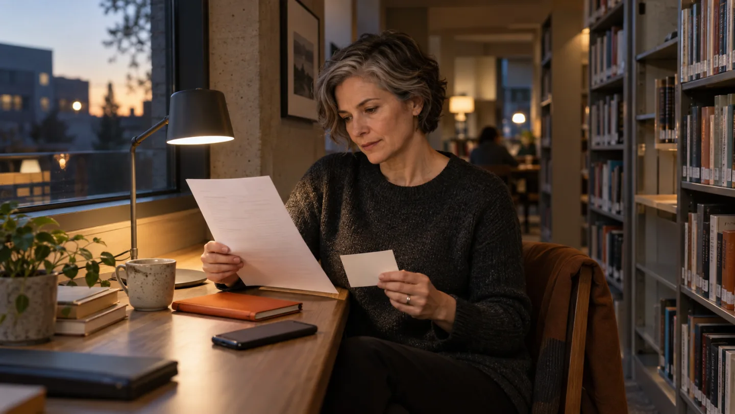 Eine erwachsene Frau vergleicht an einem Bibliothekstisch ein gedrucktes Blatt mit einer Notizkarte.