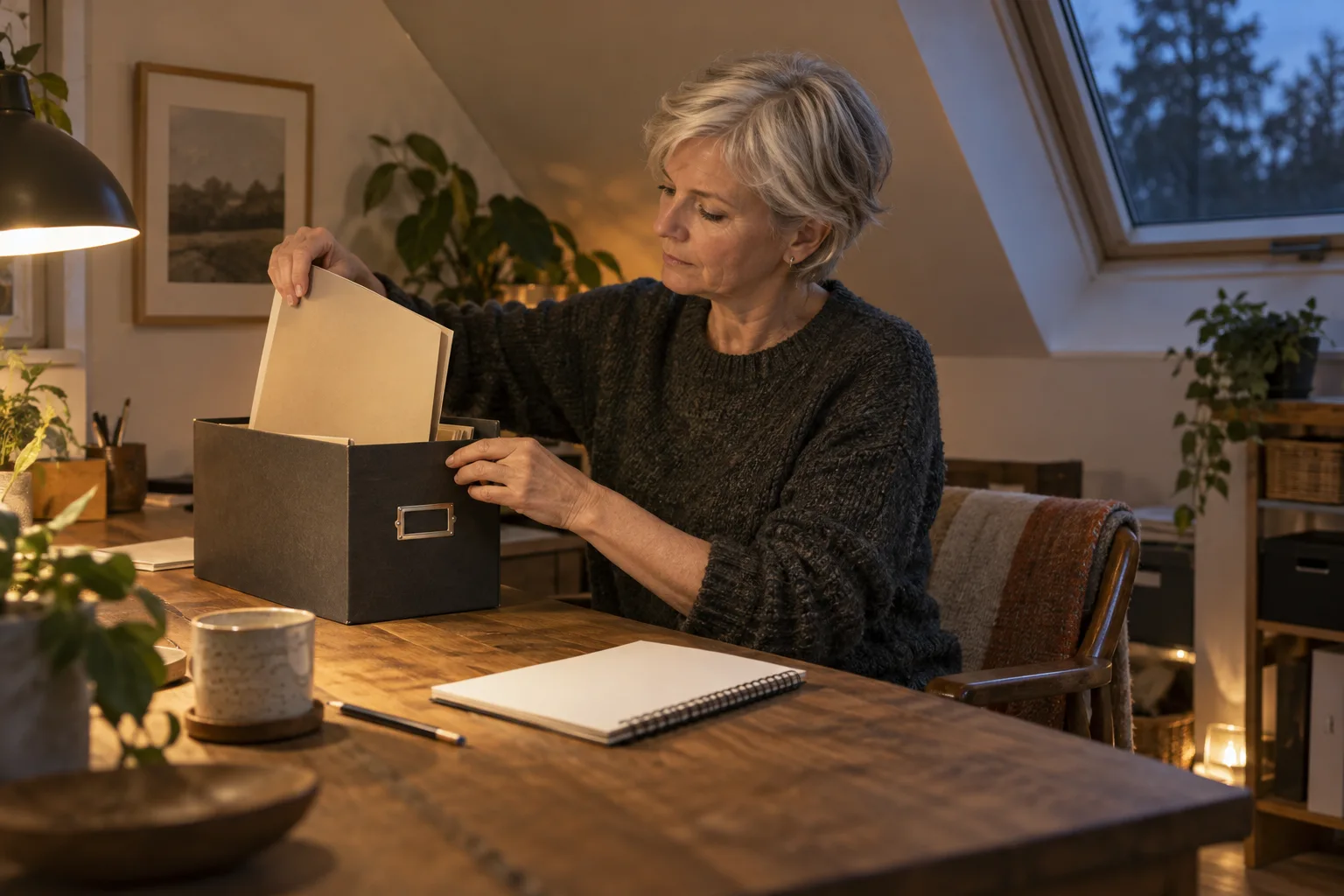 Eine erwachsene Frau legt eine Mappe in eine Archivbox in einem Arbeitszimmer unter dem Dach.