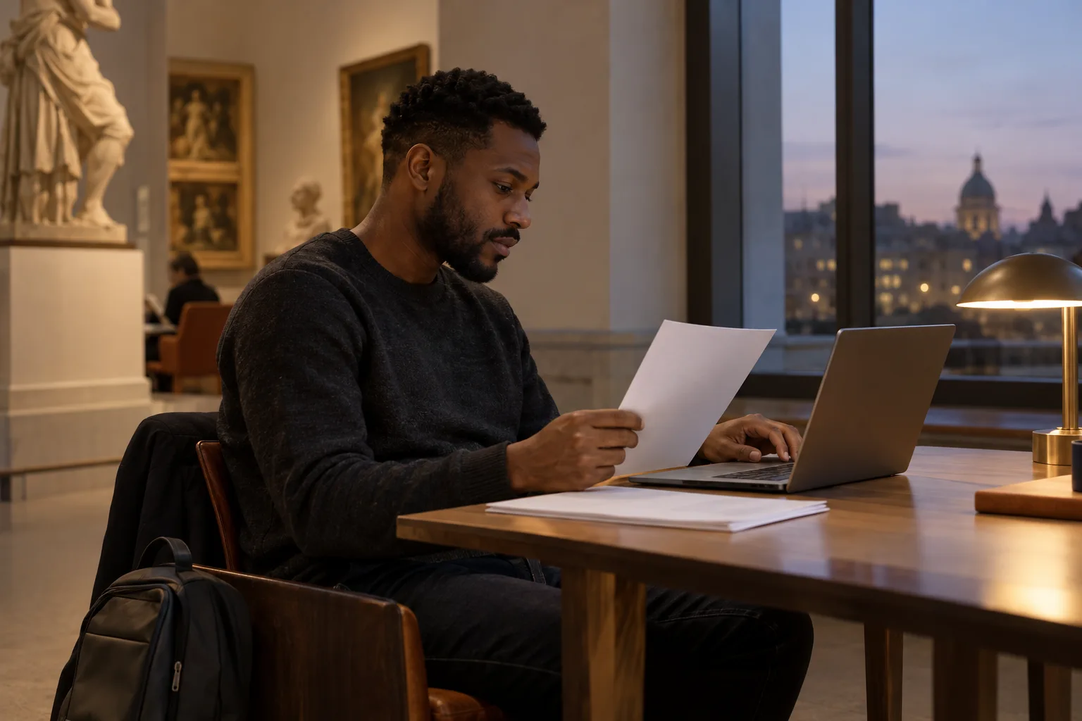 Ein erwachsener Mann vergleicht ein Blatt mit einem Laptop, dessen Bildschirm von der Kamera abgewandt ist.