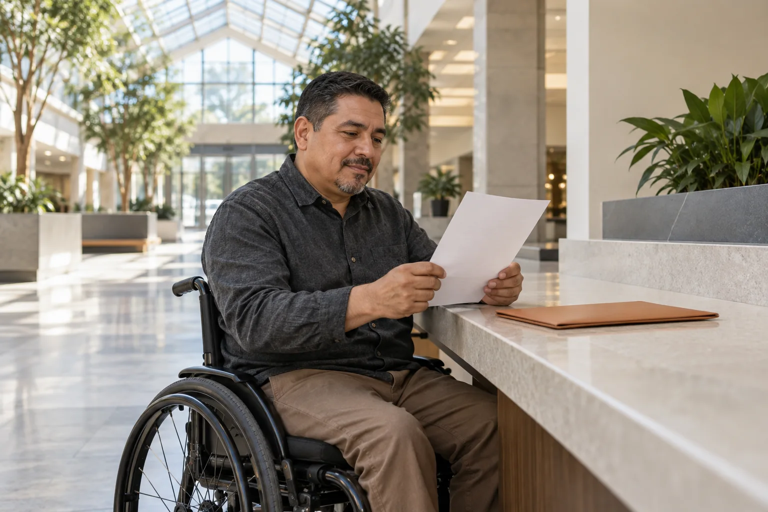 Ein erwachsener Mann im Rollstuhl prüft einen Brief an einem niedrigen Tresen in einem hellen Atrium.