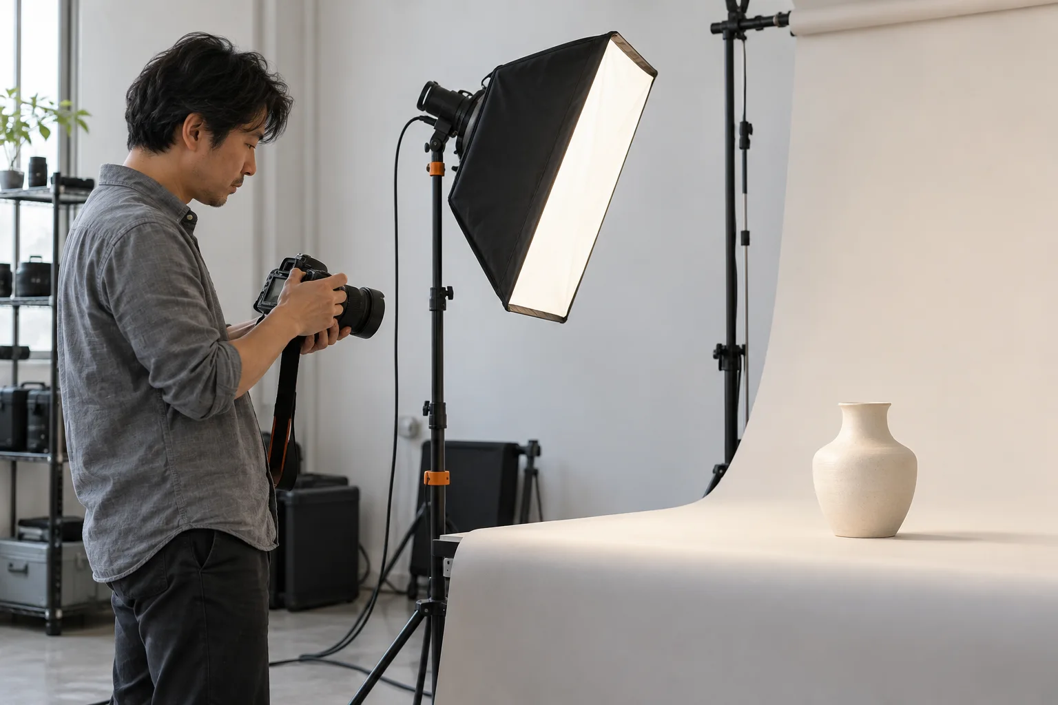 Ein erwachsener Mann hält eine Kamera vor einem Aufbau mit einer hellen Vase im Fotostudio.