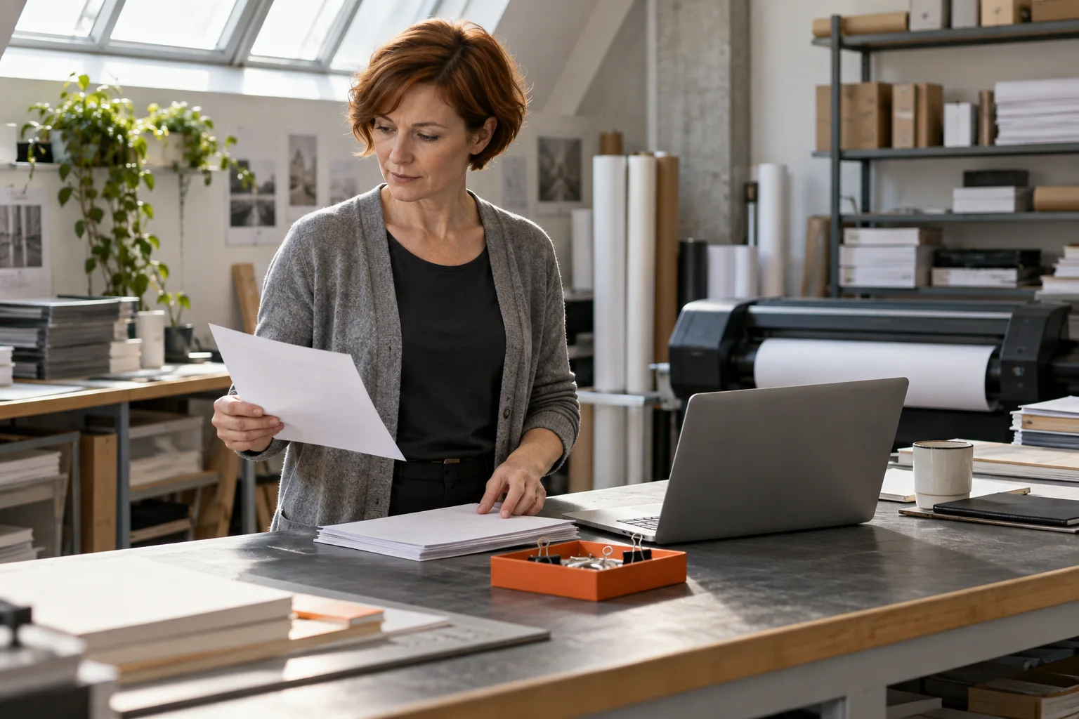 Eine erwachsene Frau prüft ein Blatt an einem Arbeitstresen neben einem aufgeklappten Laptop, dessen Bildschirm nicht sichtbar ist.