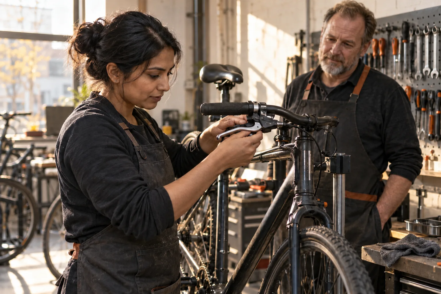 Eine erwachsene Frau prüft eine Fahrradbremse, während ein erwachsener Kollege in einer Werkstatt zusieht.