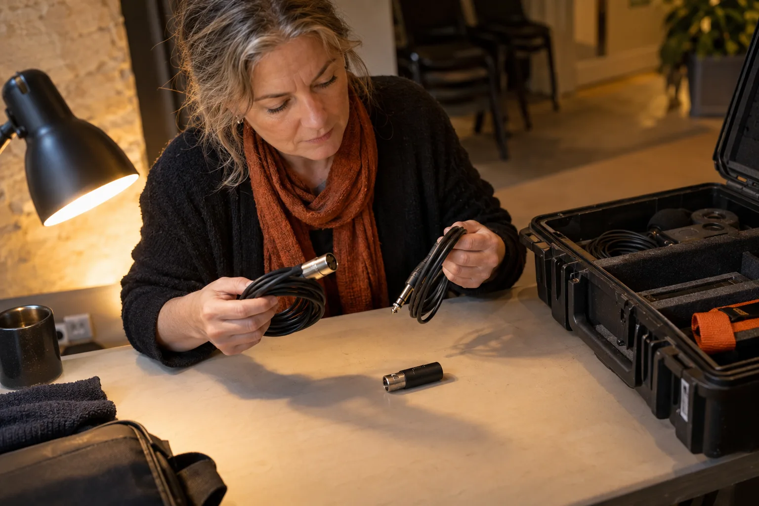 Eine erwachsene Frau prüft Kabel und einen Adapter neben einem offenen Gerätekoffer.