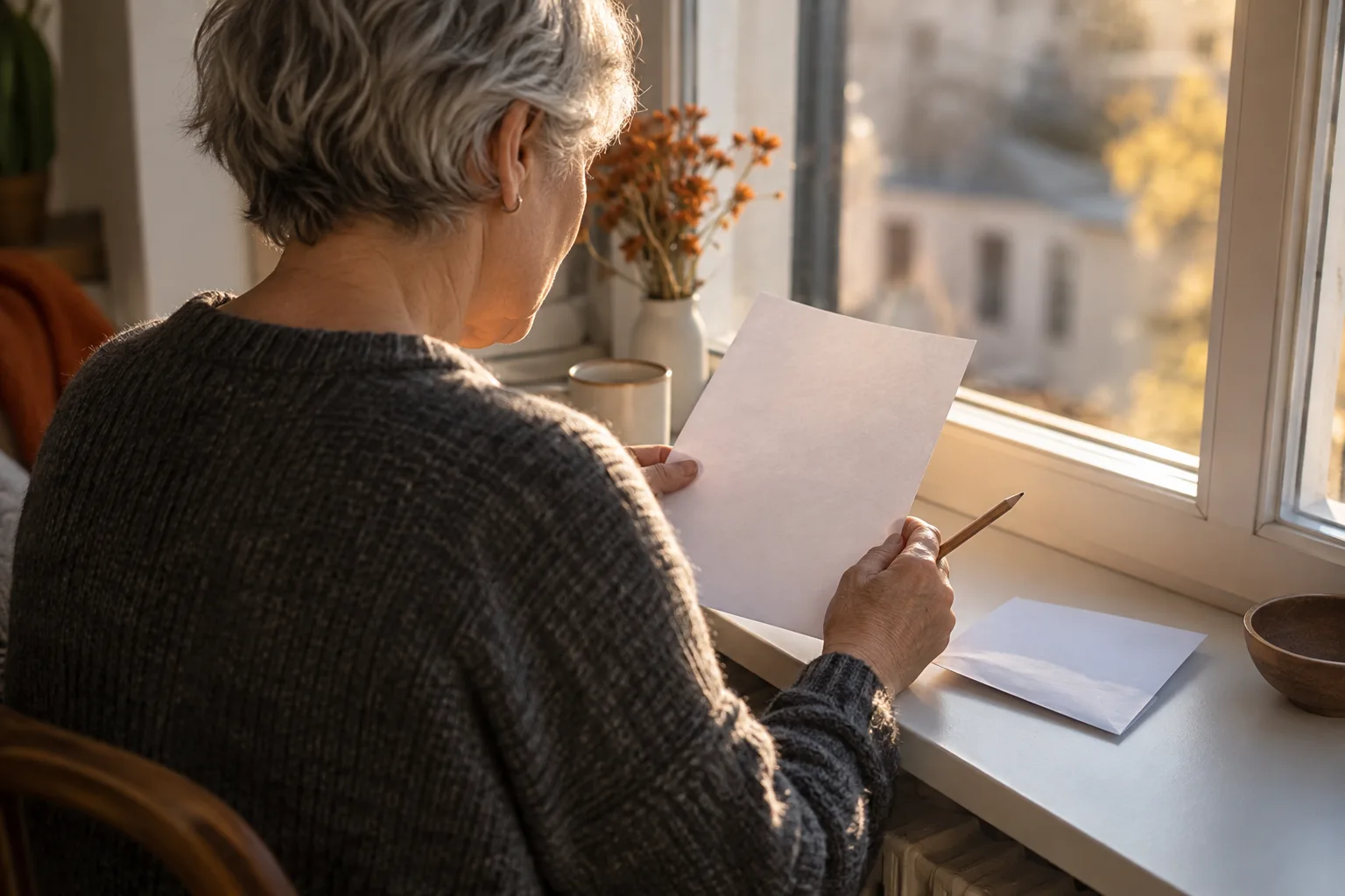 Eine erwachsene Frau mit kurzem grauem Haar liest ein Blatt an einer Fensterbank.