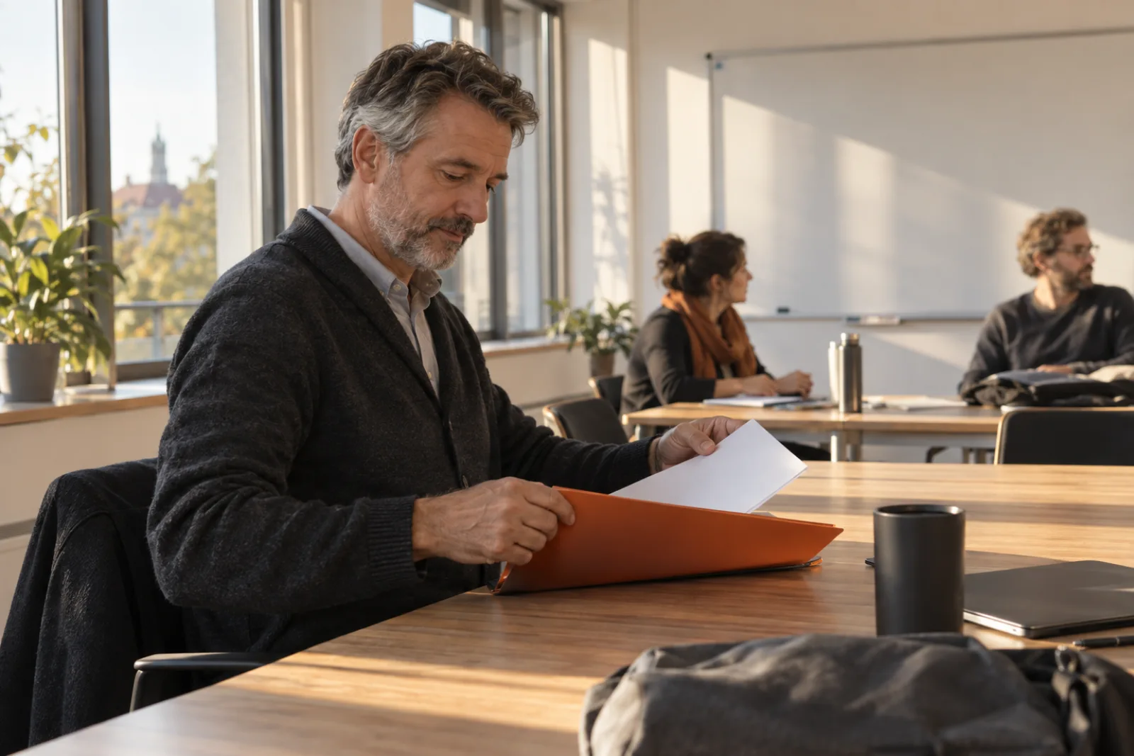 Ein erwachsener Mann prüft nach einem Kurs Papierunterlagen in einem hellen Unterrichtsraum.