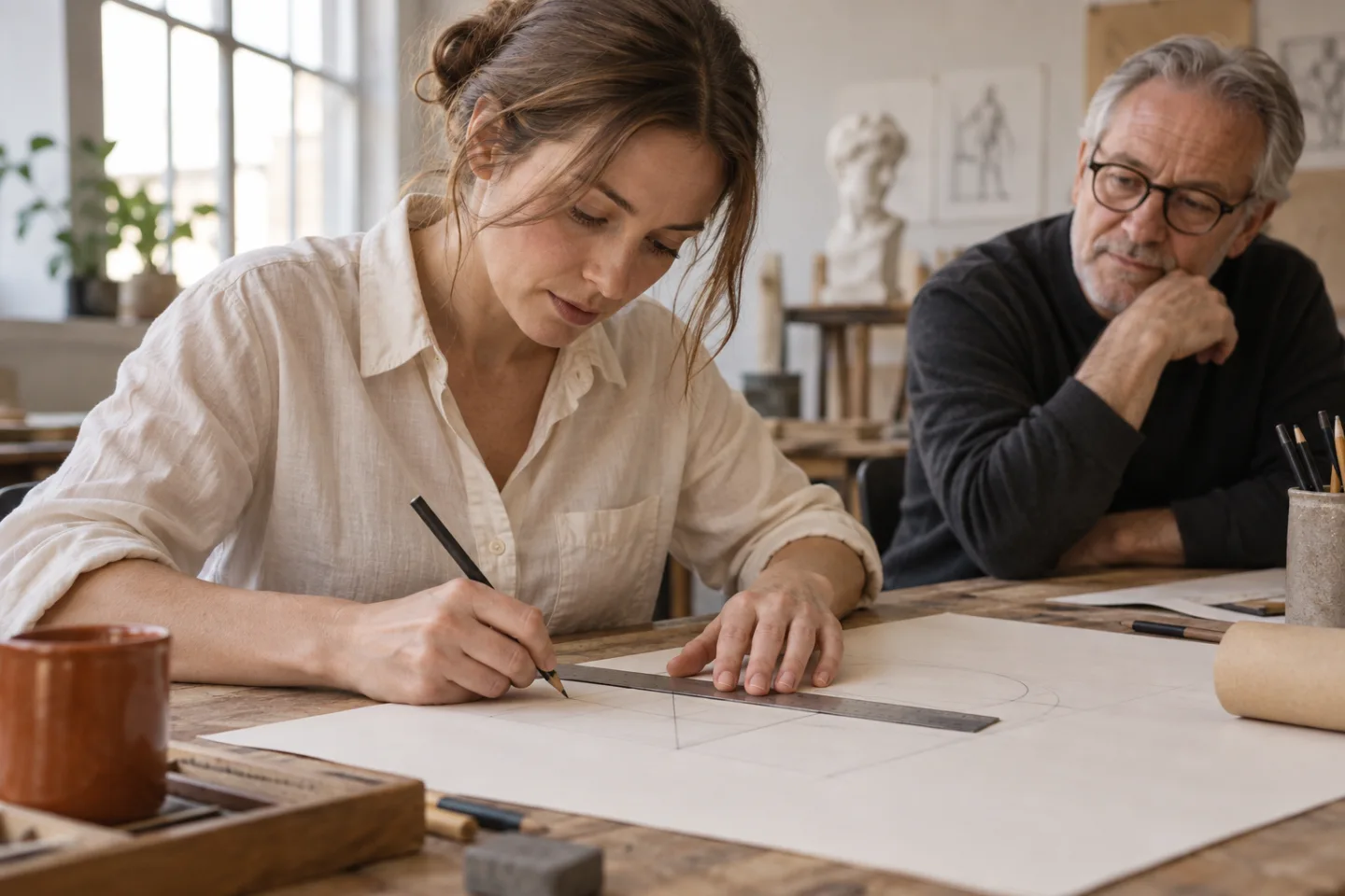 Eine erwachsene Frau arbeitet in einem Zeichenkurs mit Bleistift und Lineal an einer geometrischen Übung.