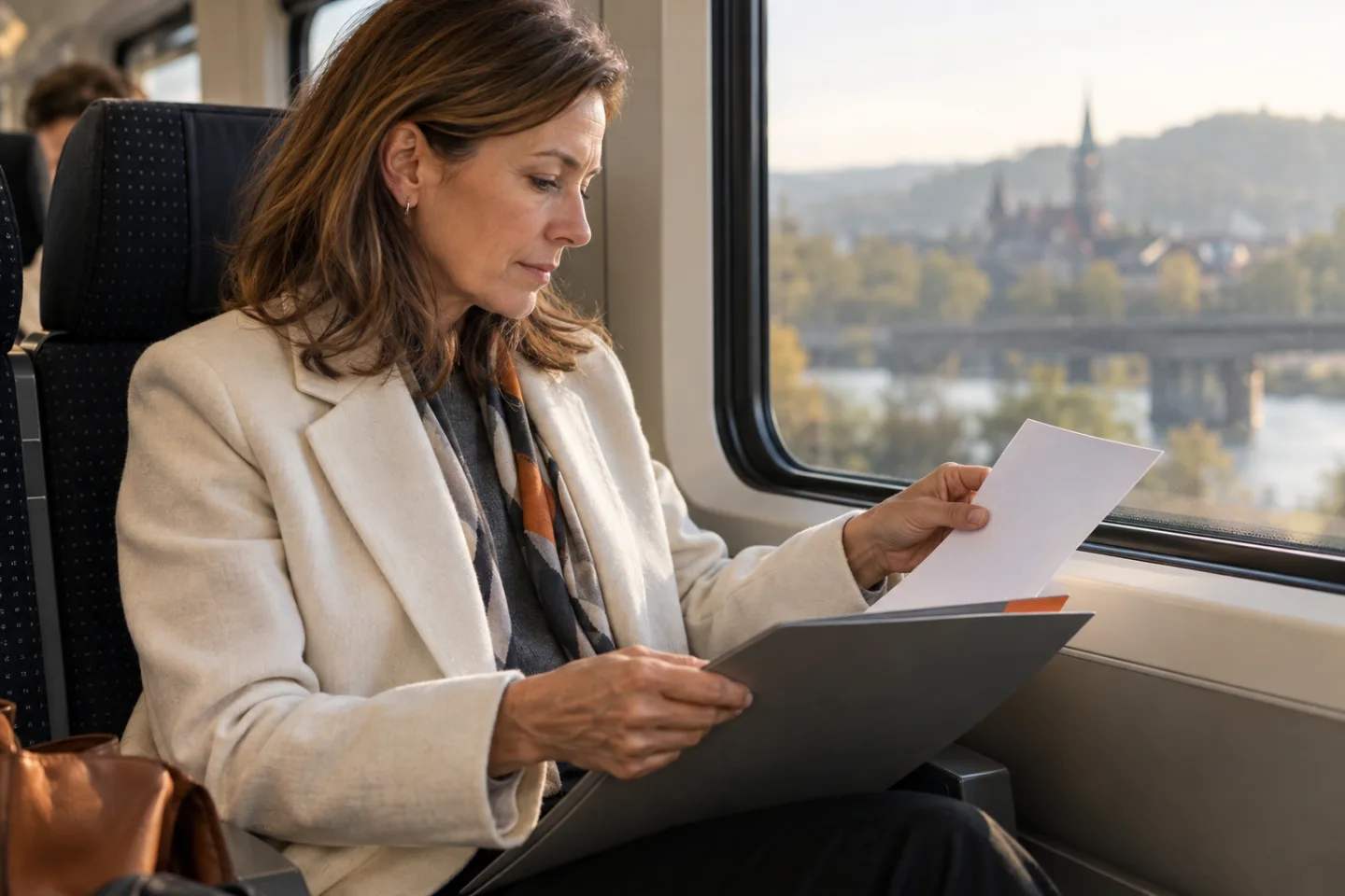 Eine erwachsene Frau prüft während einer Zugfahrt ein Blatt über einer Mappe auf ihrem Schoß.