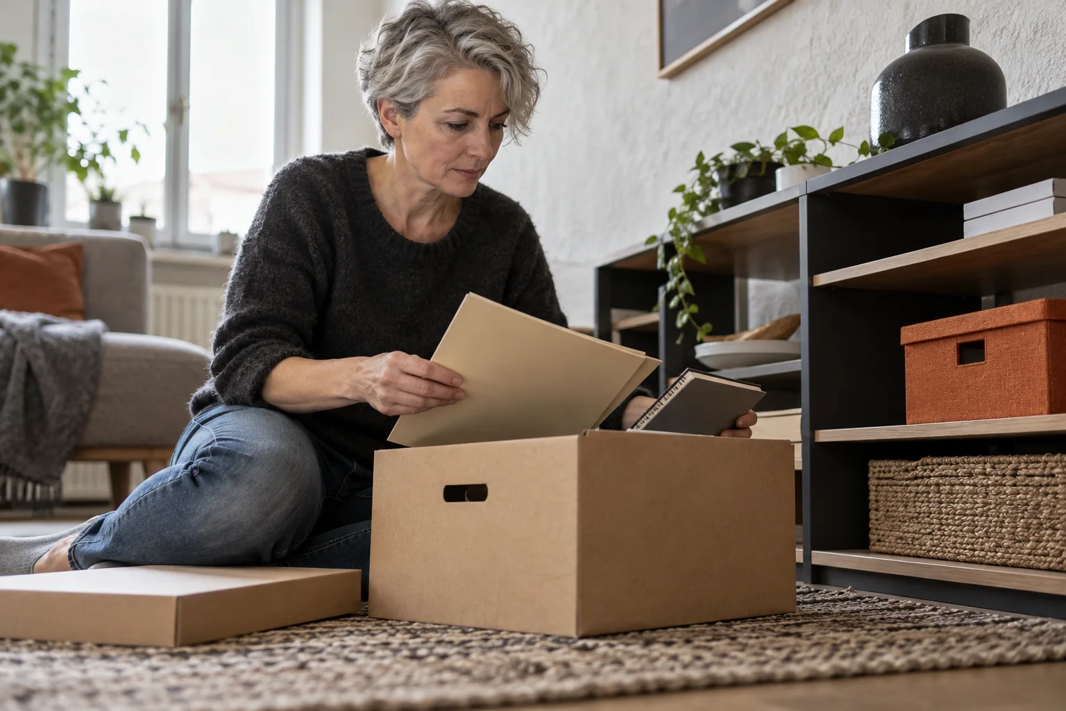 Eine erwachsene Frau prüft eine Mappe und ein Notizbuch in einer geöffneten Archivbox auf einem Teppich.