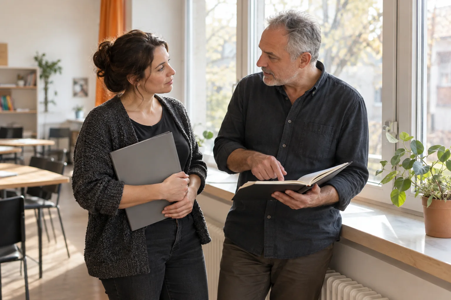 Zwei Erwachsene besprechen eine geschlossene Mappe und ein Notizbuch an einem breiten Fensterbrett.