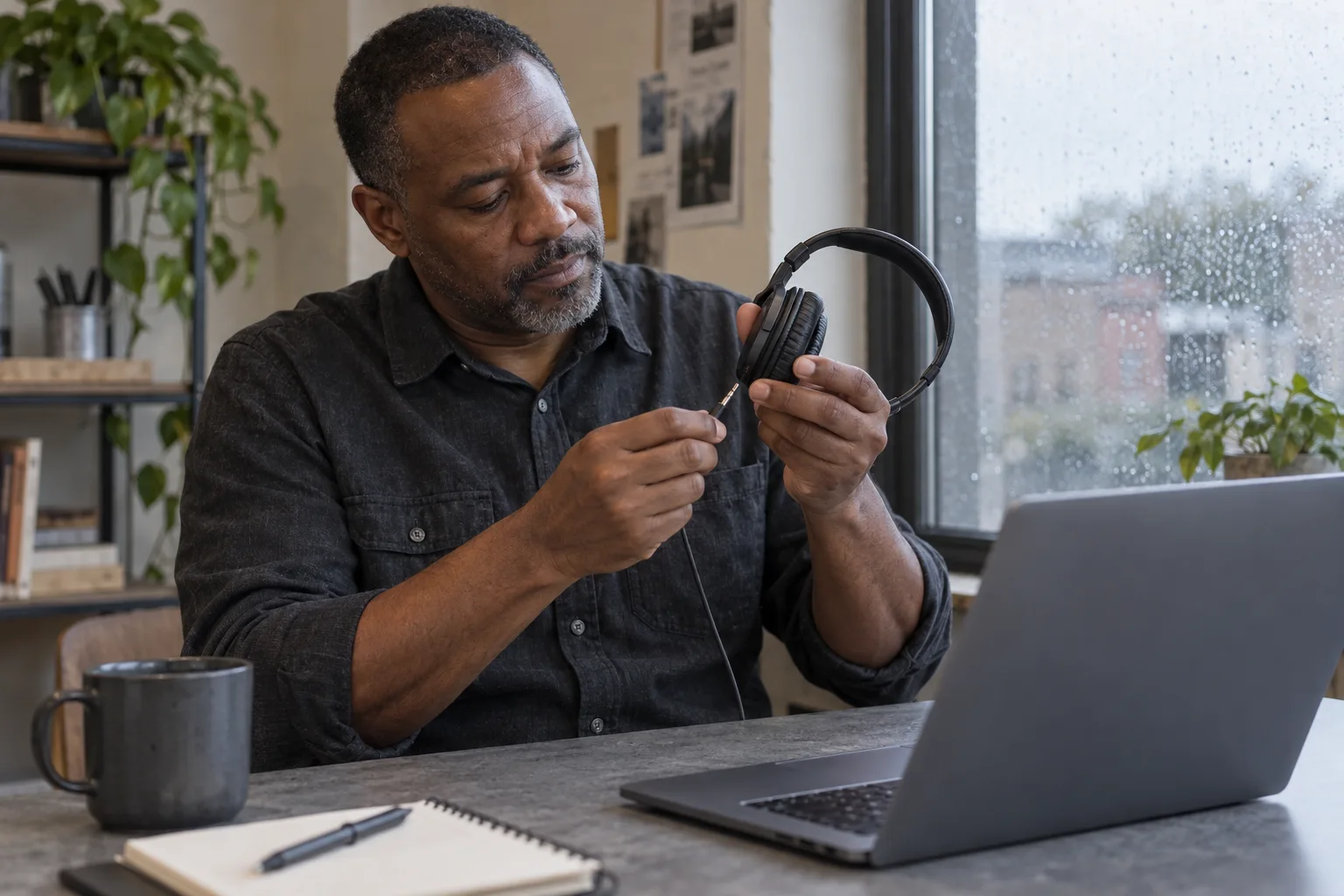 Ein erwachsener Mann prüft den Anschluss eines kabelgebundenen Headsets neben einem Laptop.