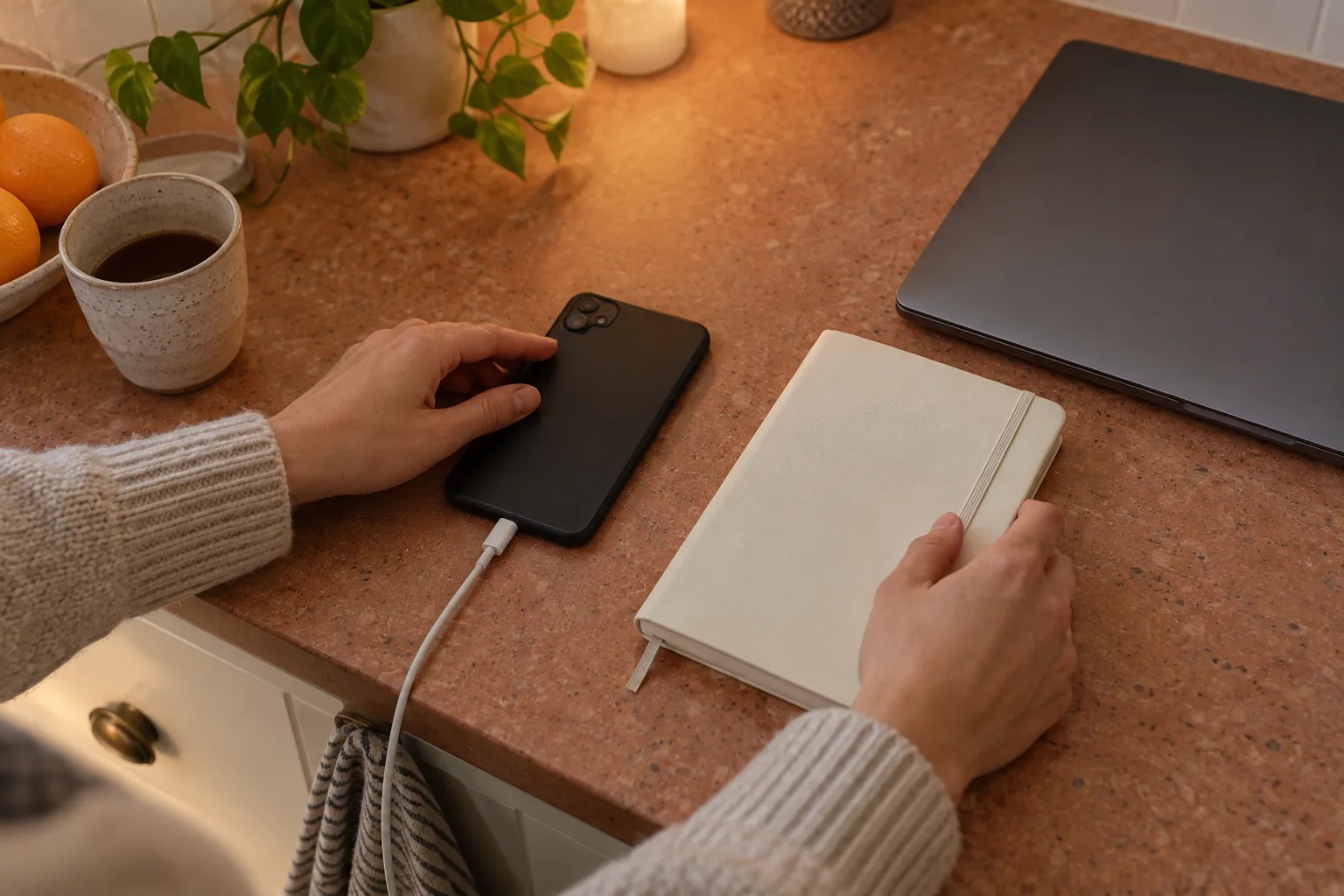 Die Hände eines Erwachsenen ordnen ein umgedrehtes Smartphone, Ladekabel und geschlossenes Notizbuch neben einem Laptop.