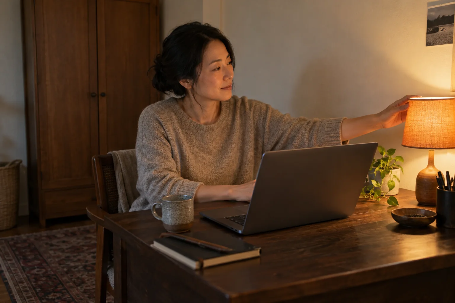 Eine erwachsene Frau richtet eine Lampe im Arbeitszimmer mit geschlossenem Schrank aus.