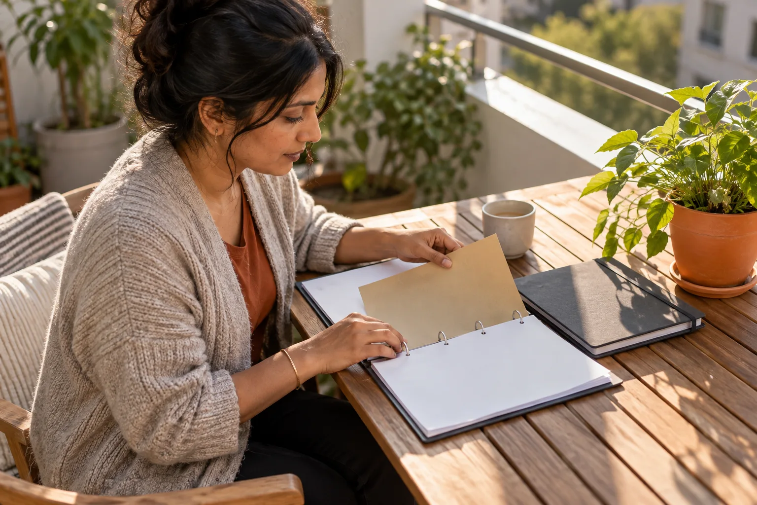 Eine erwachsene Frau prüft auf einem Balkon einen Ringordner neben einem geschlossenen Notizbuch.
