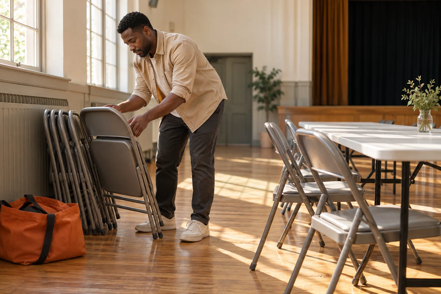 Ein erwachsener Mann stellt Klappstühle in einem hellen Gemeinschaftsraum bereit.
