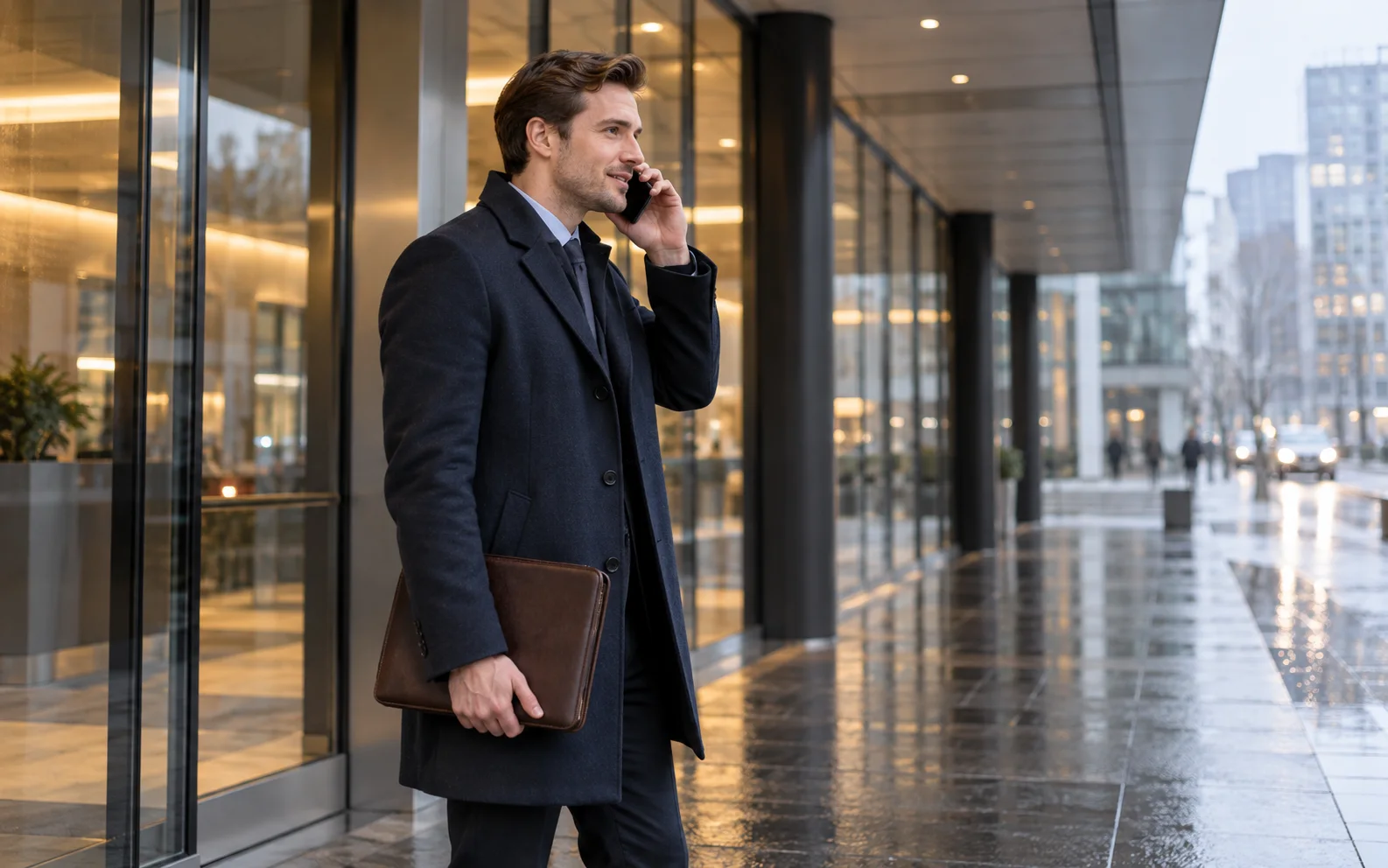Ein Bewerber führt nach einem Vorstellungsgespräch ein höfliches Telefonat.