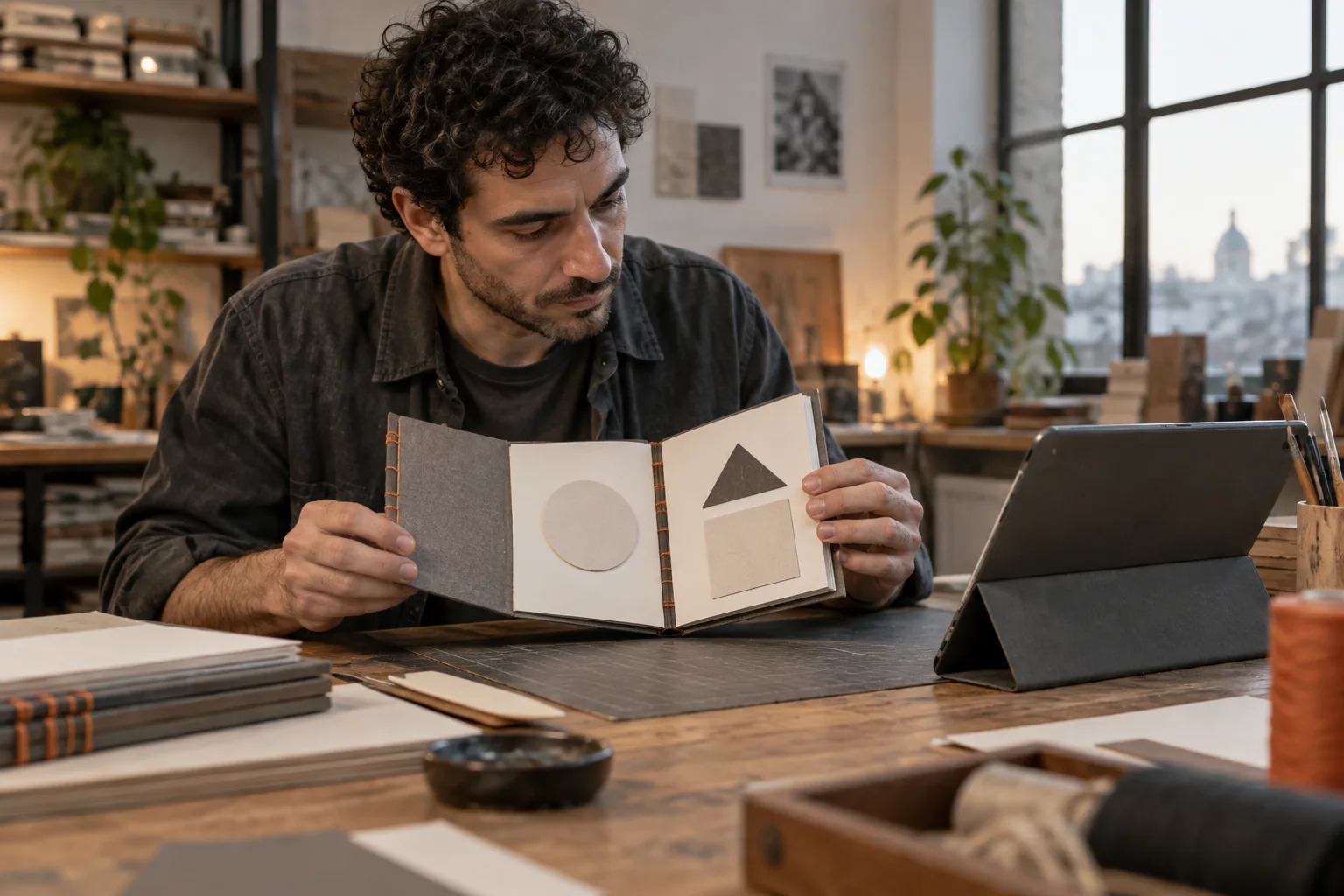 Ein erwachsener Mann öffnet ein gebundenes Musterbuch neben einem abgewandten Tablet.