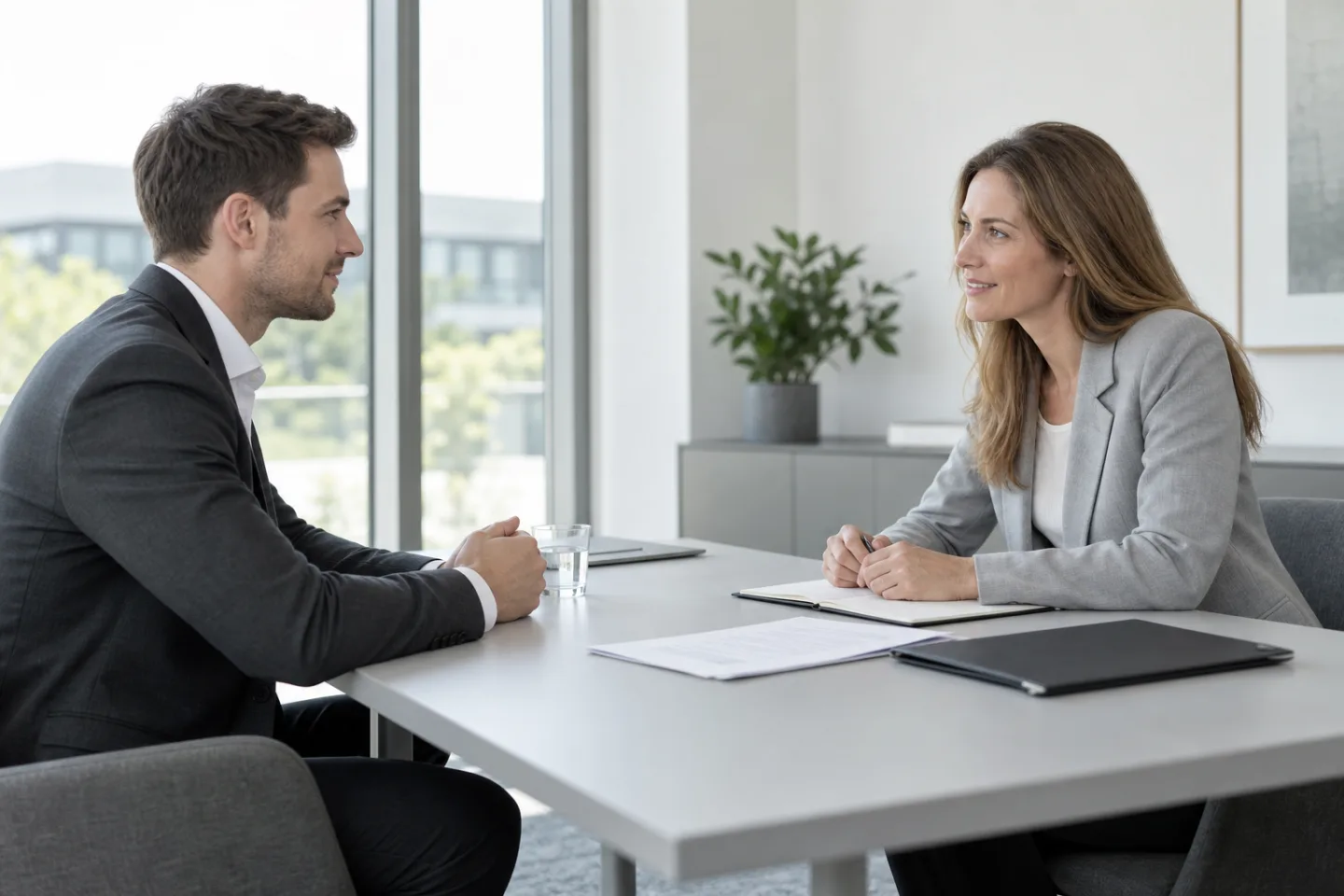 Ein Bewerber und eine Gesprächspartnerin im persönlichen Vorstellungsgespräch